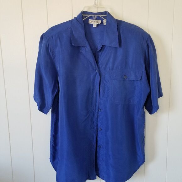 Christie & Jill 100% Silk Top Button Up Blue Short Sleeve M Shoulder Pads - Picture 3 of 9